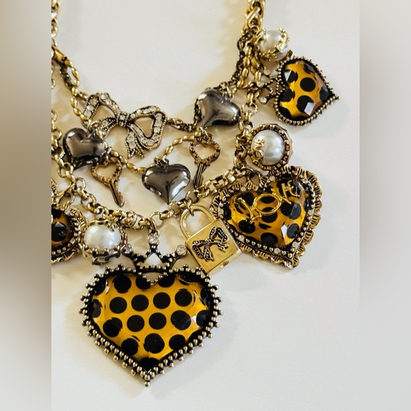Betsey Johnson Necklace Designer Heart Bow Polka Dot Multi Crystal Gold Bib Rare - Picture 4 of 8